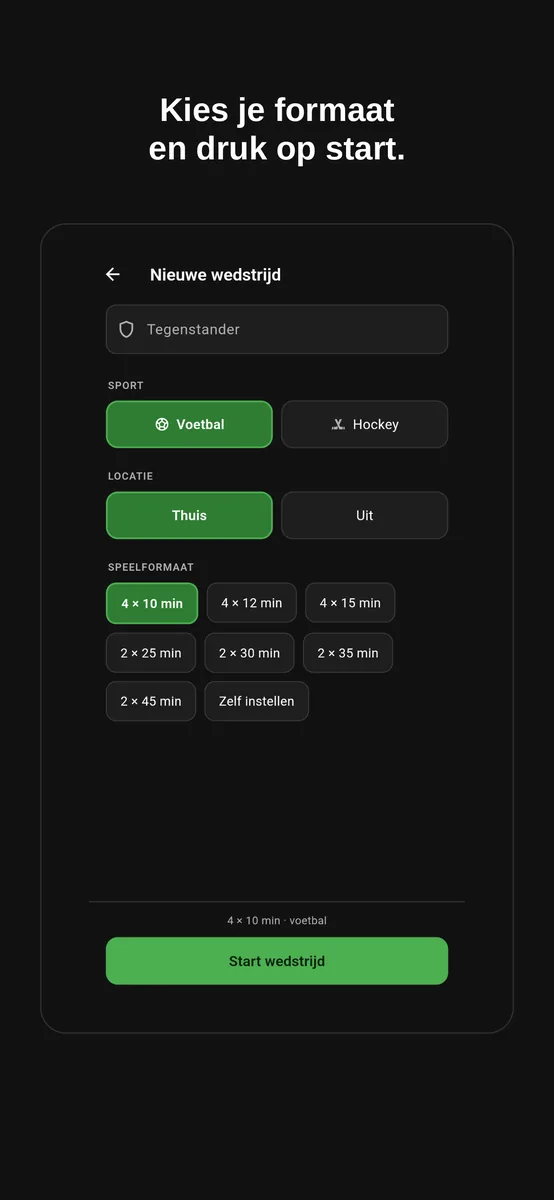 Nieuwe wedstrijd: sport en formaat kiezen